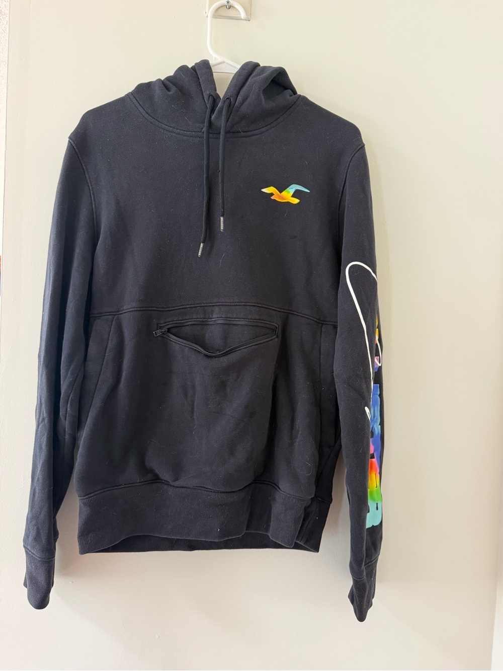 Hollister Black Zip-Up Hoodie with Multicolor Logo